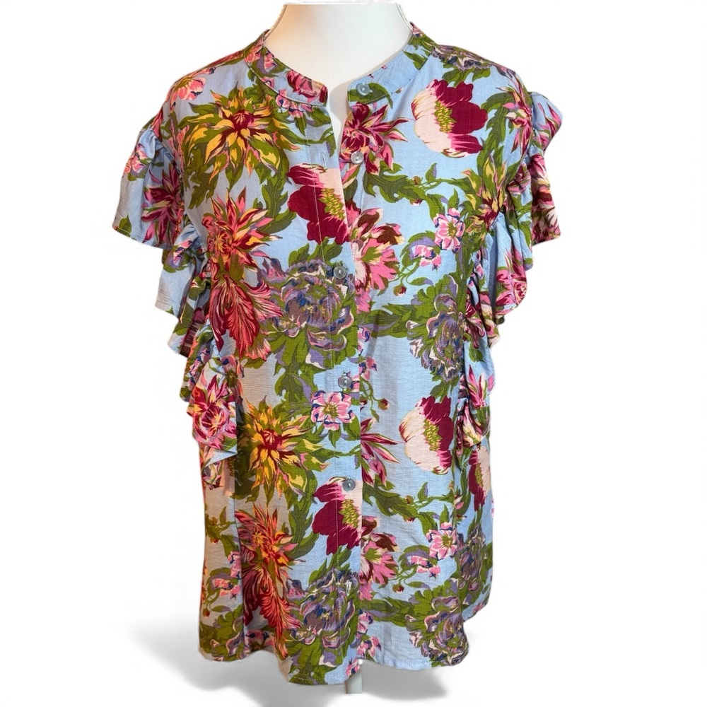 Rachel Roy Floral Ruffle Sleeve Blouse XL | Rayon Blend‎ | Button Front